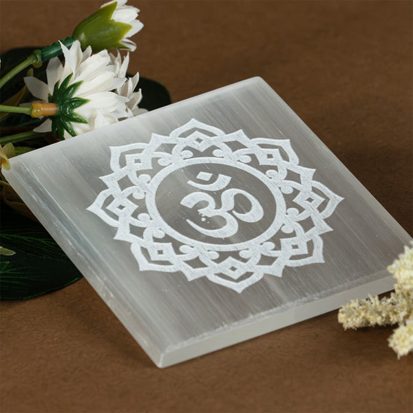 Om Raw Selenite Plate